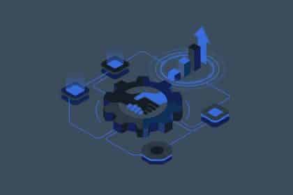 Abstract vector illustration showing digital commerce nodes connecting, representing software partnerships and affiliate tracking.
