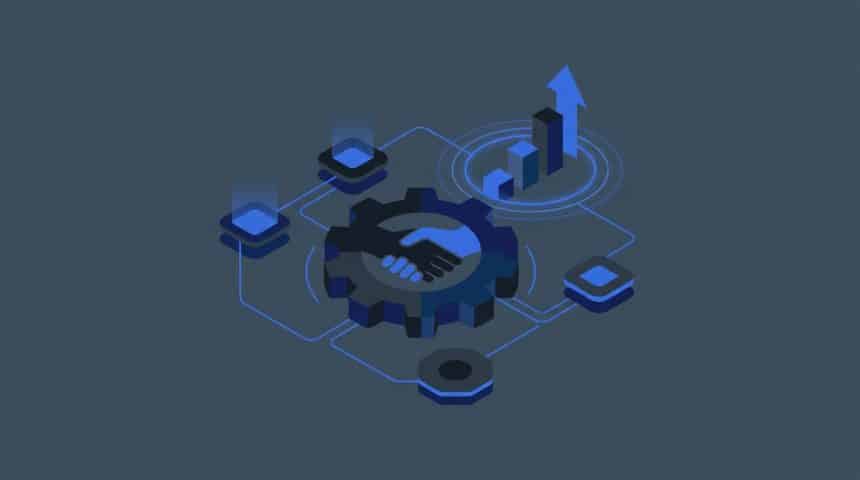 Abstract vector illustration showing digital commerce nodes connecting, representing software partnerships and affiliate tracking.