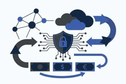Abstract vector illustration showing secure digital transactions, cloud infrastructure, and financial flow for SaaS payment gateways.