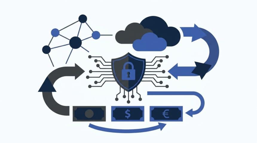 Abstract vector illustration showing secure digital transactions, cloud infrastructure, and financial flow for SaaS payment gateways.