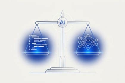 Abstract vector illustration representing AI regulation, the EU AI Act, and algorithmic transparency.