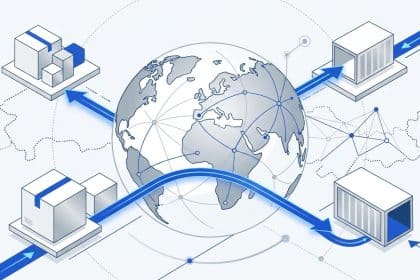 Abstract vector illustration representing global cross-border e-commerce trade and supply chain logistics.
