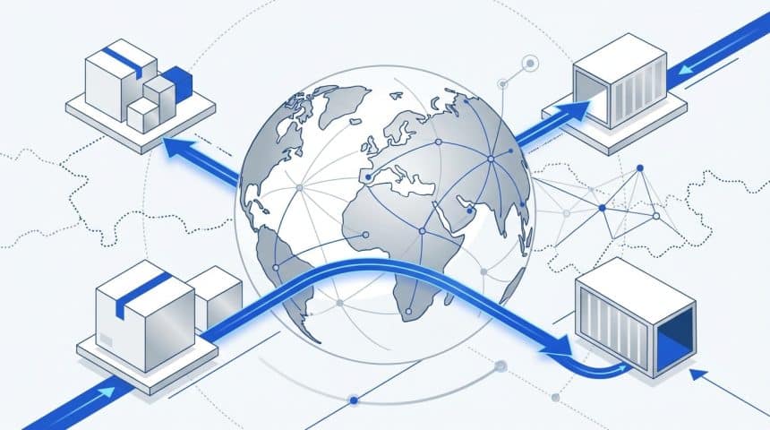 Abstract vector illustration representing global cross-border e-commerce trade and supply chain logistics.