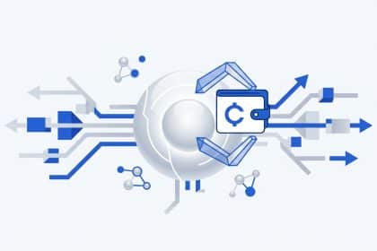 Abstract vector illustration representing autonomous AI agents conducting decentralized financial transactions.