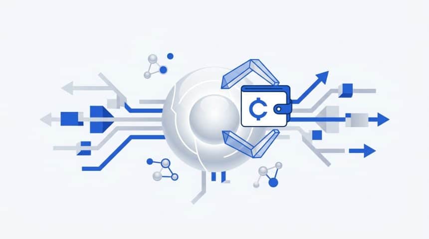 Abstract vector illustration representing autonomous AI agents conducting decentralized financial transactions.