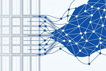Abstract vector illustration representing a legacy enterprise ERP corporation acquiring an AI startup.