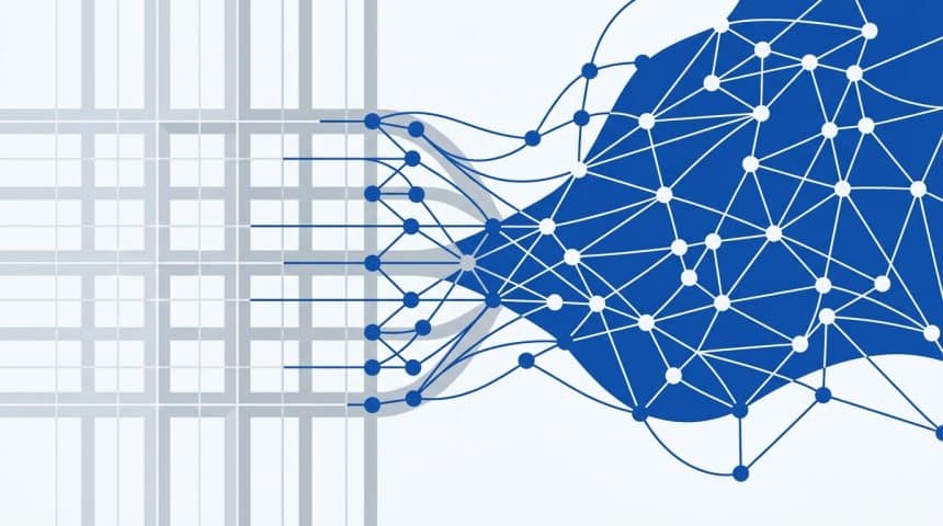 Abstract vector illustration representing a legacy enterprise ERP corporation acquiring an AI startup.