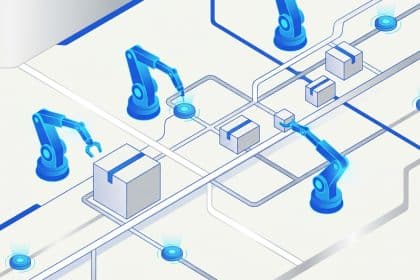 Abstract vector illustration representing retail warehouse automation and micro-fulfillment robotics.
