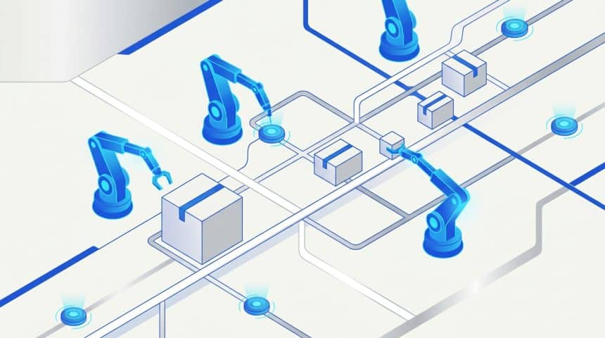 Abstract vector illustration representing retail warehouse automation and micro-fulfillment robotics.